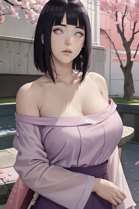 masterpiece, absurdres, hinata\(boruto\), 1girl, solo,mature female, off-shoulder oversized shirt, looking at viewer, (falling petals), perfect composition, detailed lips, big breast, beautiful face, body propotion, blush, (pink lips), long hair,  purple e...