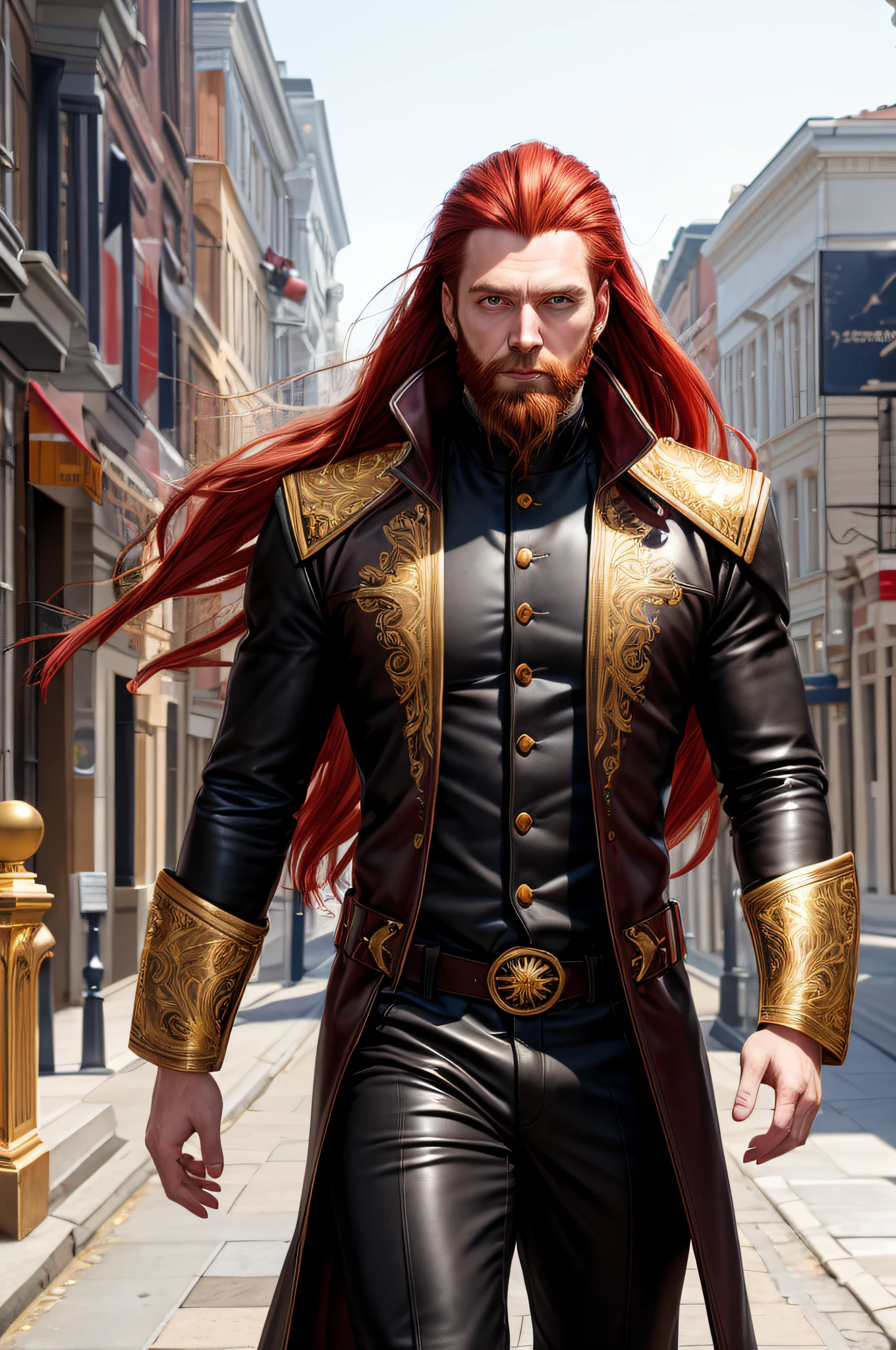 HYPER REALISTIC, full-length portrait of male in his 20s, with medium straight hair covering ears redhead , HETEROCROMI eyes one red eye, wearing black leather overcoat with red, serious, beard on chin, sun and gold white background, photorealistic, Hasselblad, Nikon, 1.4 85 mm lens, octane rendering, unreal engine, sharp details, super high quality, beautiful, realistic, golden, white merdieval European dash