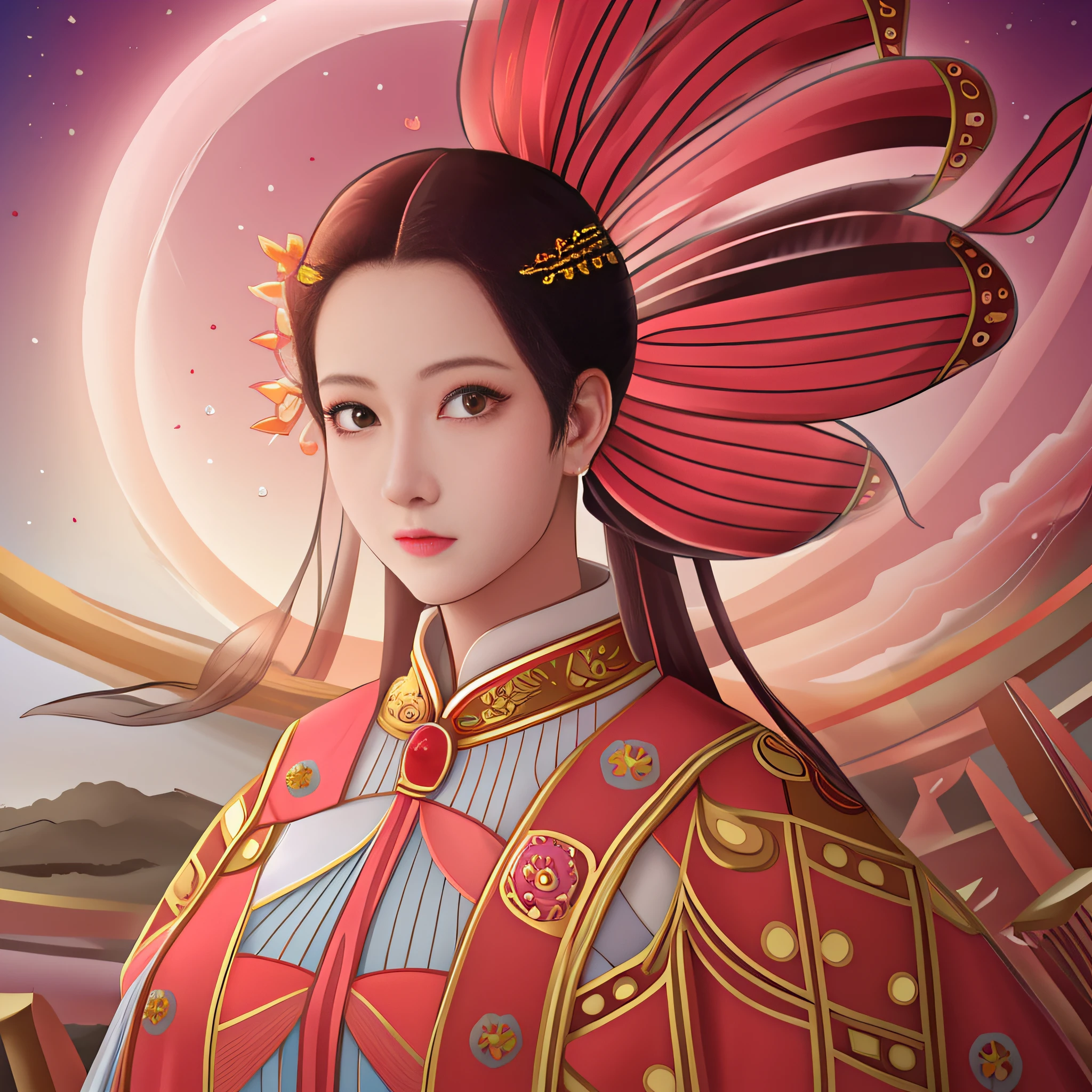 Retrato estilo anime de uma mulher com um cocar vermelho e uma lua no fundo, uma bela imperatriz fantasia, Imperatriz chinesa, palace ， Uma menina em Hanfu, Princesa chinesa antiga, Princesa chinesa, ((uma bela imperatriz fantasia)), inspirado em Lan Ying, Princess of the Ancient Asian Dynasty, Deusa chinesa antiga, Rainha do Mar Mu Yanling, inspirado em Qiu Ying.