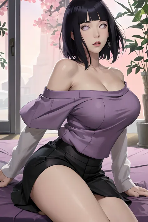 Masterpiece, absurderes, Hinata\(Boruto\), 1girll, Solo,Mature female, Off-the-shoulder oversized shirt, Perfectcomposition, Detailed lips, big breast, Beautiful face, body propotion, Blush, (Pink lips), Long hair,  Purple eyes,  Soft gaze,  Super realisti...