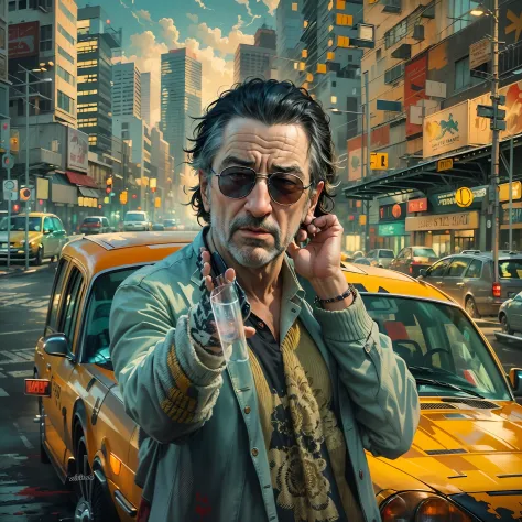 A painting of a man Robert De Niro ( with black hair), gangster pose and look, Miami City background, street, taxi cab, perfect Art, Art, Intricate Digital Painting, original Artwork, Illustration, guns in the background digital art, masterpiece Illustrati...