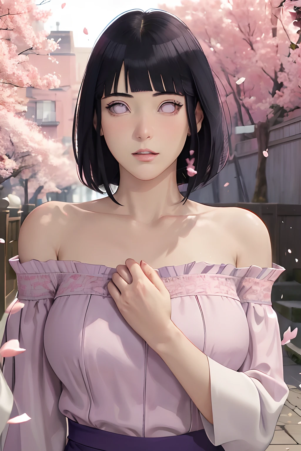 masterpiece, absurdres, hinata\(boruto\), 1girl, solo,mature female, off-shoulder lace shirt, looking at viewer, (falling petals), perfect composition, detailed lips, big breast, beautiful face, body propotion, blush, (pink lips), long hair,  purple eyes,  soft gaze,  super realistic, detailed, photoshoot, realistic face and body,