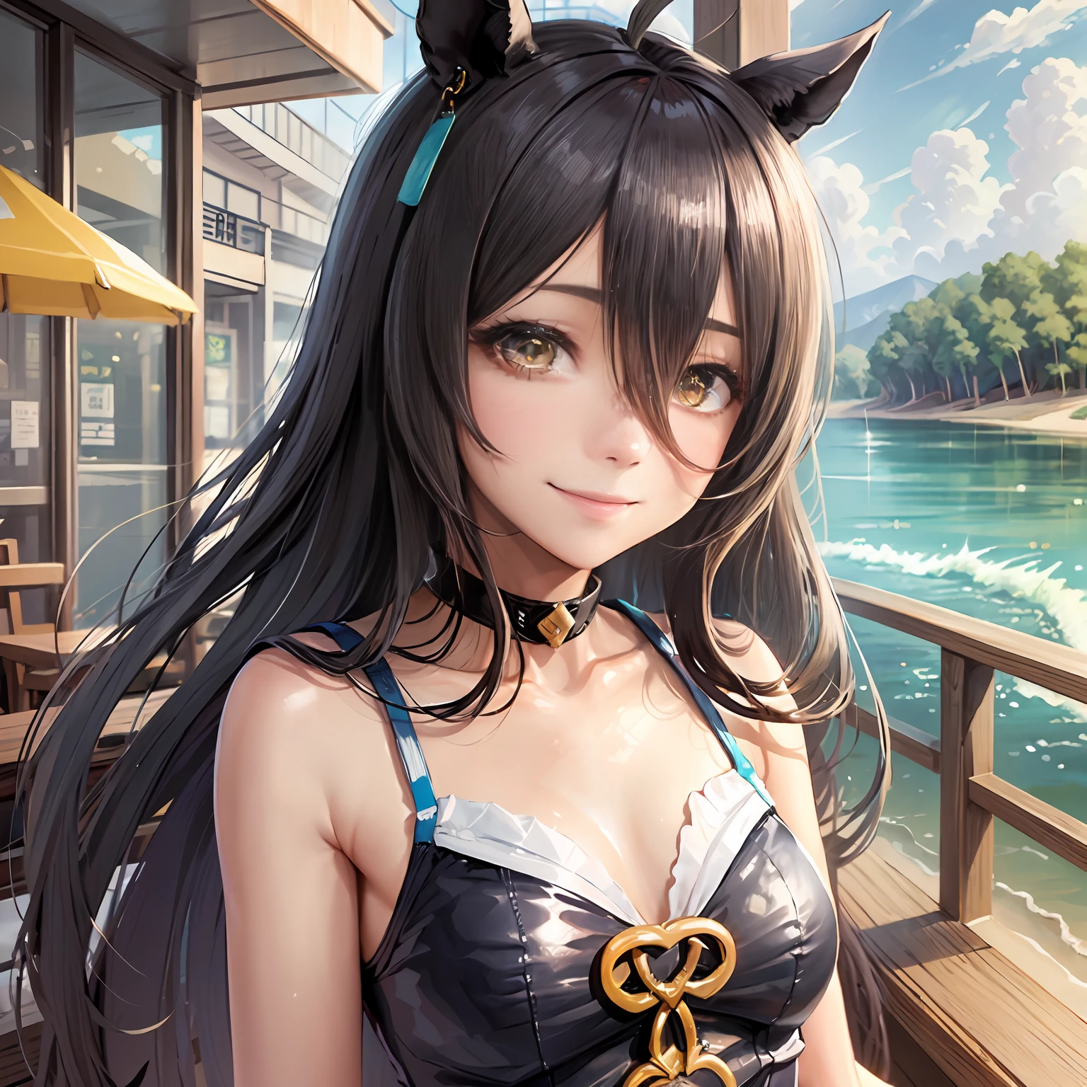 ((masutepiece, Best quality)),(1girll,Solo:1.2),Manhattan Cafe,Horse girl,Horse Ears,Hair_between_Eyes,ahoge,Long_Hair, black_Hair,Yellow_Eyes,(swimsuit:1.2),(the ribs:1.1),Small breasts,Upper body,Smile,Sea,