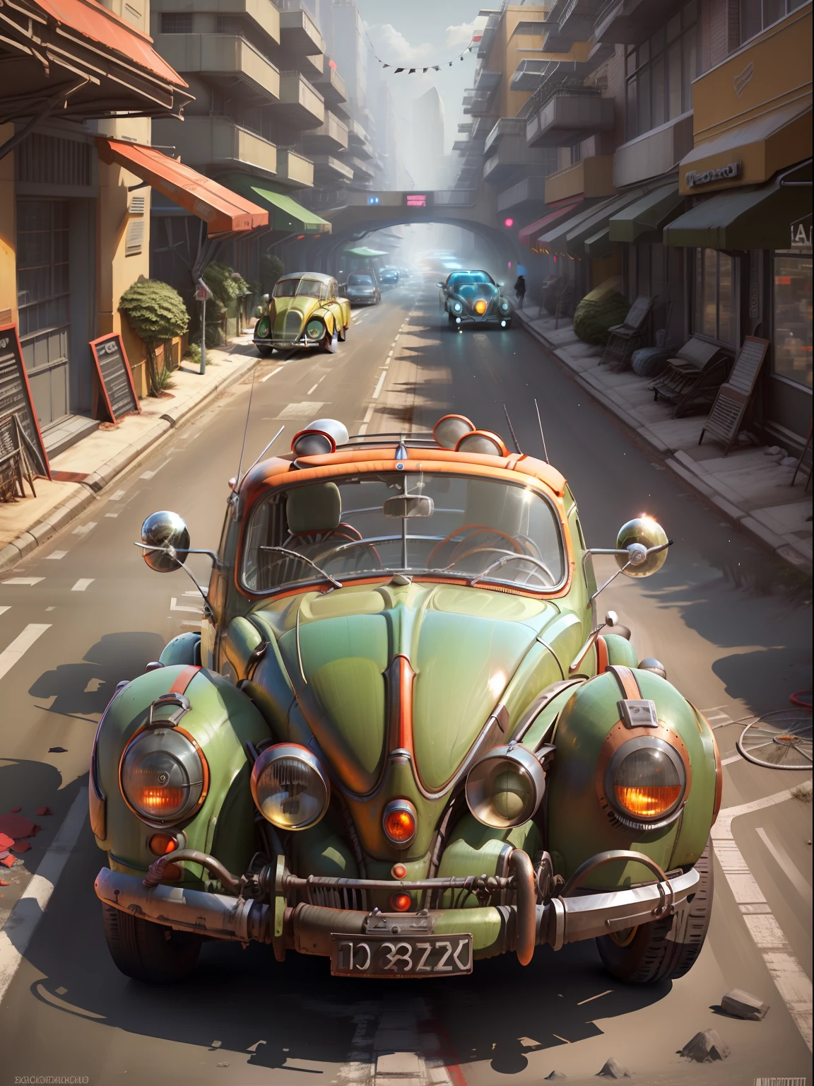 A futuristic sports car based on an antique Beetle lowered convertible roadster with long hood on the street of a futuristic city