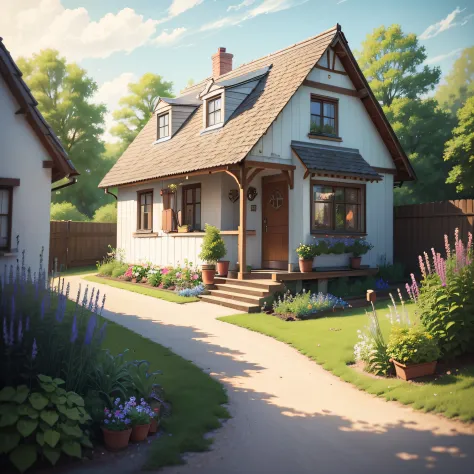 /imagine prompt: A heartwarming scene in a quaint countryside cottage, a blooming flower garden with vibrant roses, a white picket fence surrounding the property, a cat lazing in the sun, a sense of simplicity and coziness in the rural abode, Artwork, past...