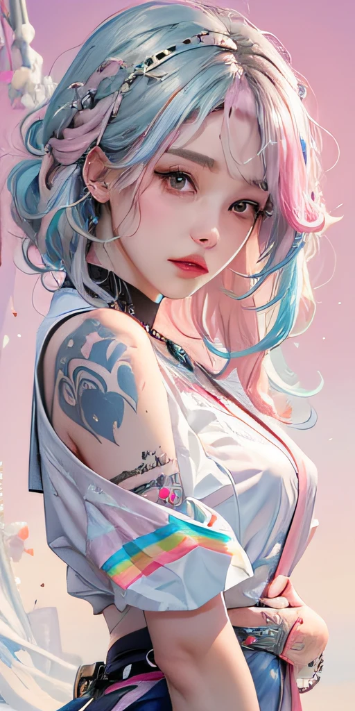 Photorealistic, High resolution, Soft light,1womanl, Solo, hips up high, glistning skin, (Detailed face),The tattoo, Jewelry, (rainbow color Hair,Colorful hair,Half blue and half pink hair:1.2), komono、summer clothing
