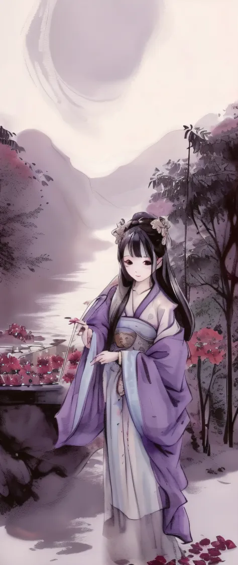 ((4k, masterpiece, best quality)), shuimobysim, traditional Chinese ink painting, lotus, hanfu, maxiskit, conservative dress 1girl, solo, long purple hair, smile, standing, feet in the water, barefoot, mountainous background, cherry trees.