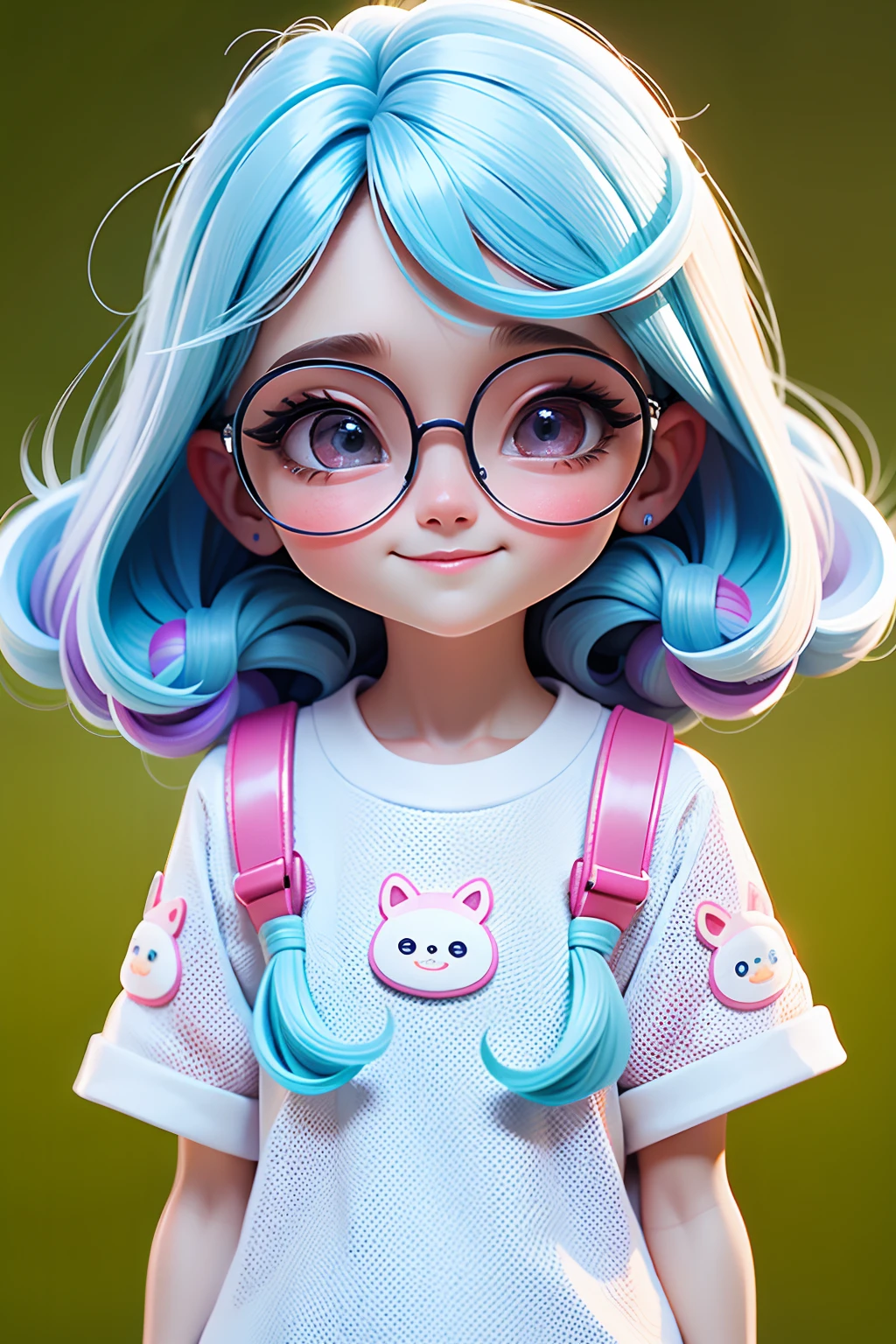 Loli cute girl, cabelo preso, cabelo solto, modern accessories , Eyeglasses, olhos detalhados, sorriso detalhados, detalhes detalhados, muito realismo, UHD, detalhes nos fios de cabelo, Holographic, fundo claro e simples