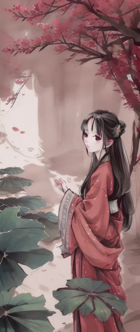 ((4k, masterpiece, best quality)), shuimobysim, traditional Chinese ink painting, lotus, hanfu, maxiskit, conservative dress 1girl, solo, long reddish hair, smile, standing, feet in the water, barefoot, mountainous background, cherry trees.