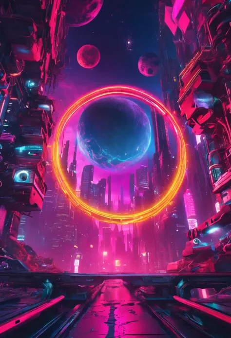 "Immersed in a cyberpunk-inspired, neon-drenched world, captivated by the surreal sight of a ring-shaped planet dominating the sky, filled with mesmerizing digital artistry."