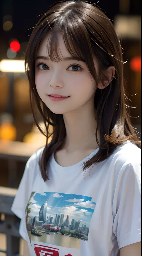 ​masterpiece、one beautiful women、A detailed face、A detailed eye、Detailed skin、top-quality、japanes、Illuminated from the front with bright lighting、profetional lighting、Facing straight ahead、The background is a little blurry、The background is the cityscape o...