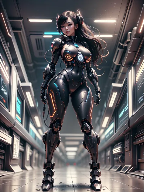 Mecha combined with flesh sexy asian woman, cyberpunk, full body, standing, hairstyle long hair, smile, cute face. Intricate and...