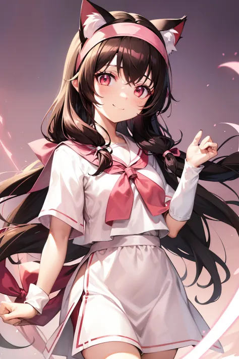 female character, cat ears, pigtail hair, dark brown hair, (((red headband))), (((classic pink and white cleric outfit))), sweet smile, skinny, hand-drawn anime style, dynamic , particles around