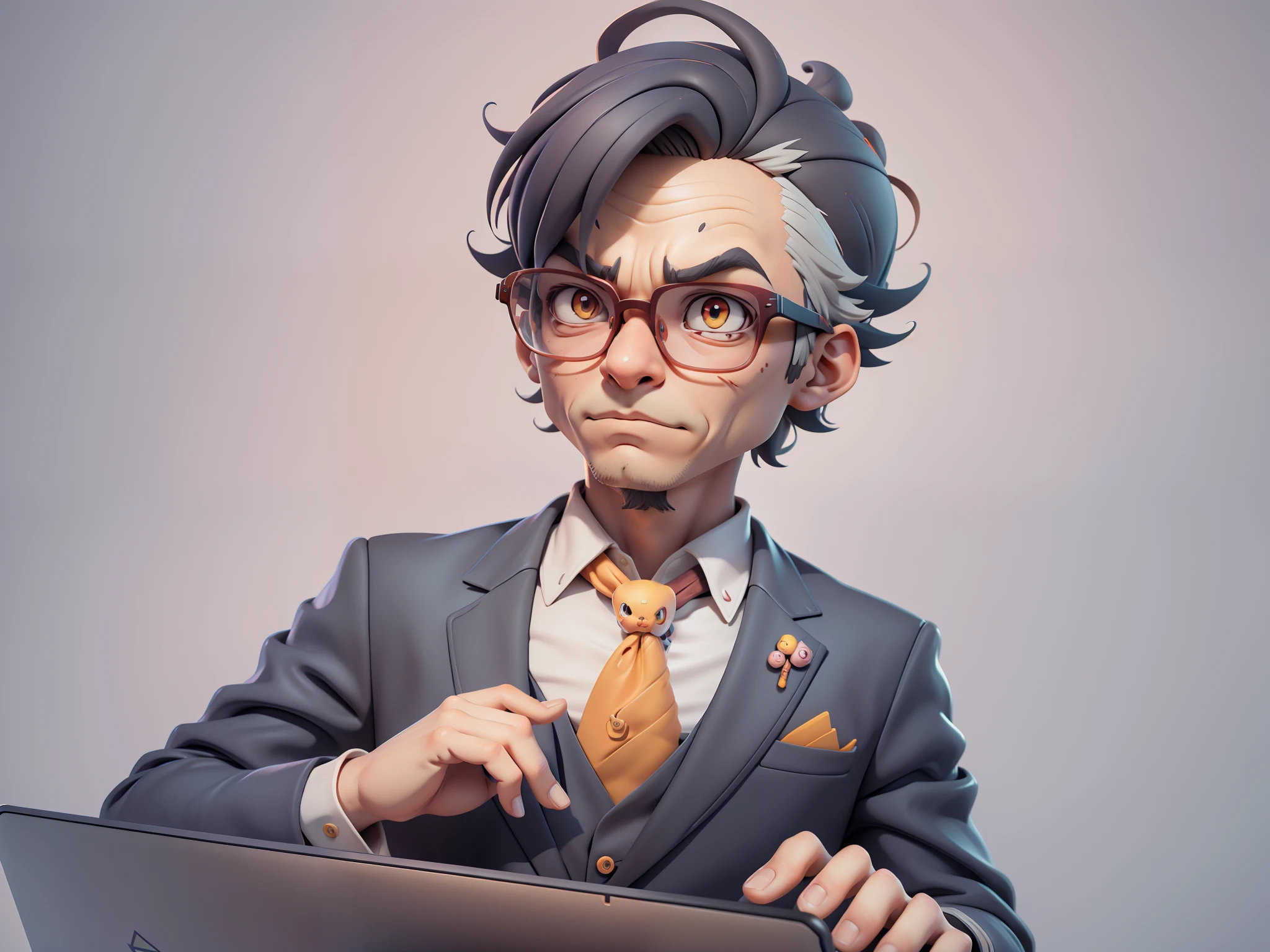 A young man in a suit, Short hair and glasses sat at his desk，holding laptop，digitial painting，tigre，3D character design by Mark Clairen and Pixar and Hayao Miyazaki and Akira Toriyama，4K HD illustration，Very detailed facial features and cartoon-style visuals。