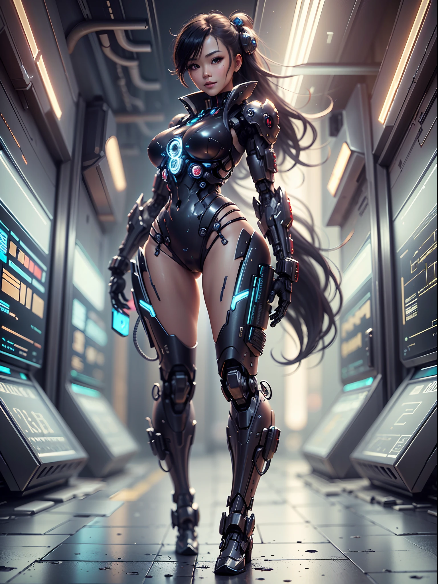 Mecha combined with flesh sexy asian woman, cyberpunk, full body, standing, hairstyle long hair, smile, cute face. Intricate and reflective details. Background is in focus and in hyper detail. Your face is very cute and sexy. 4k unreal engine 5 monochromatic