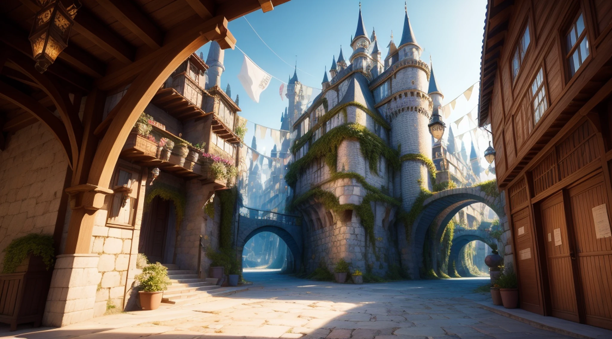 un primer plano de una calle con un edificio y un montón de banderas, un bullicioso pueblo mágico, Ciudad medieval de fantasía, fantasy town setting, Whiterun al estilo Pixar, hermosa representación de un cuento de hadas, Ciudad de fantasía, ciudad medieval, iluminación global!! intrincado, arte conceptual de disney, arte conceptual muy realista, Pintura oscura de fantasía，Pescador, hermoso arte conceptual, (parte maestra, mejor calidad:1.2), ultra detallado, Sala del Castillo Medieval, foto de cuerpo entero EdobMWC costume8744 una mujer con arco y flecha, escote expuesto, (Realista:1.5),