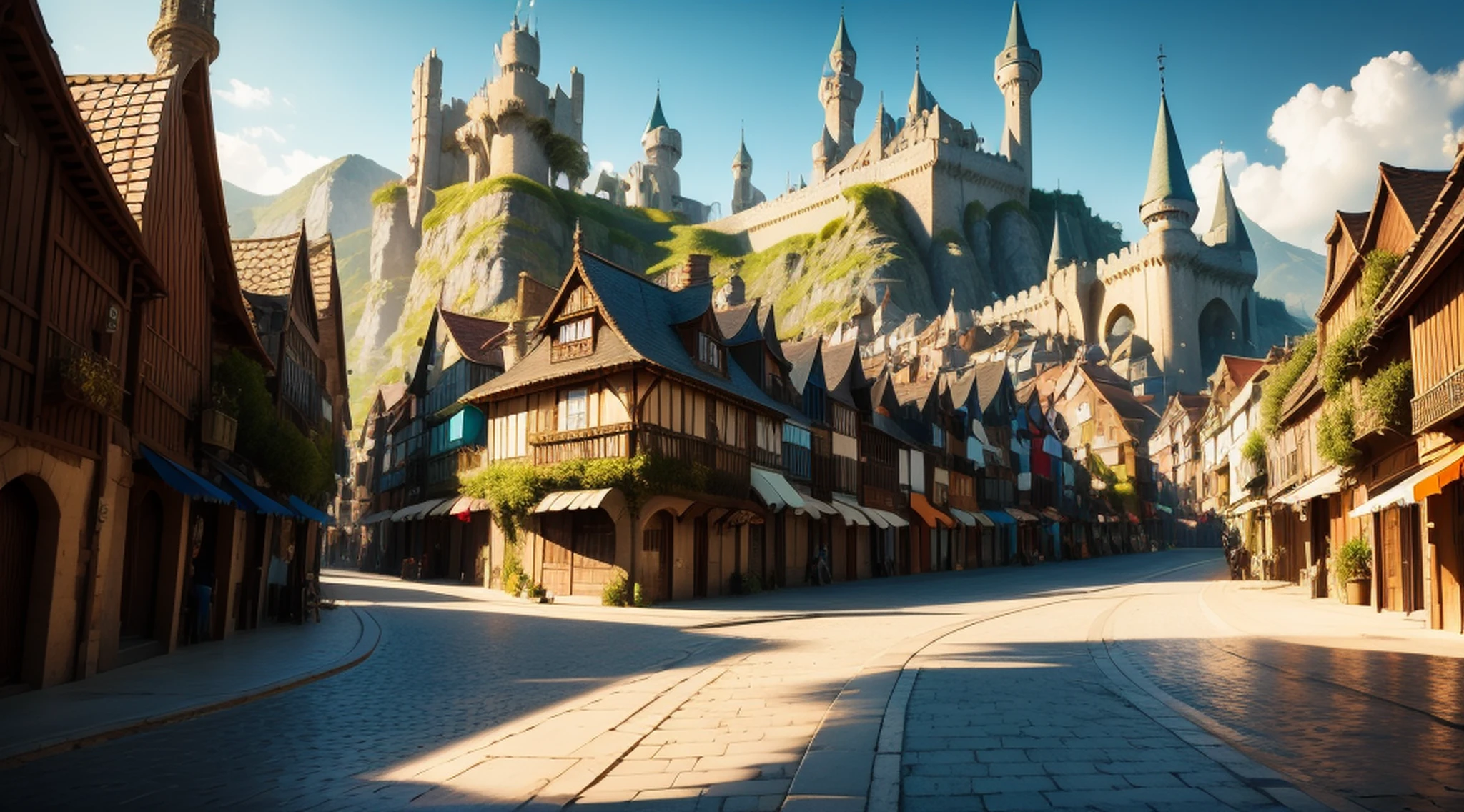 un primer plano de una calle con un edificio y un montón de banderas, un bullicioso pueblo mágico, Ciudad medieval de fantasía, fantasy town setting, Whiterun al estilo Pixar, hermosa representación de un cuento de hadas, Ciudad de fantasía, ciudad medieval, iluminación global!! intrincado, arte conceptual de disney, arte conceptual muy realista, Pintura oscura de fantasía，Pescador, hermoso arte conceptual, (parte maestra, mejor calidad:1.2), ultra detallado, Sala del Castillo Medieval, foto de cuerpo entero EdobMWC costume8744 una mujer con arco y flecha, escote expuesto, (Realista:1.5),