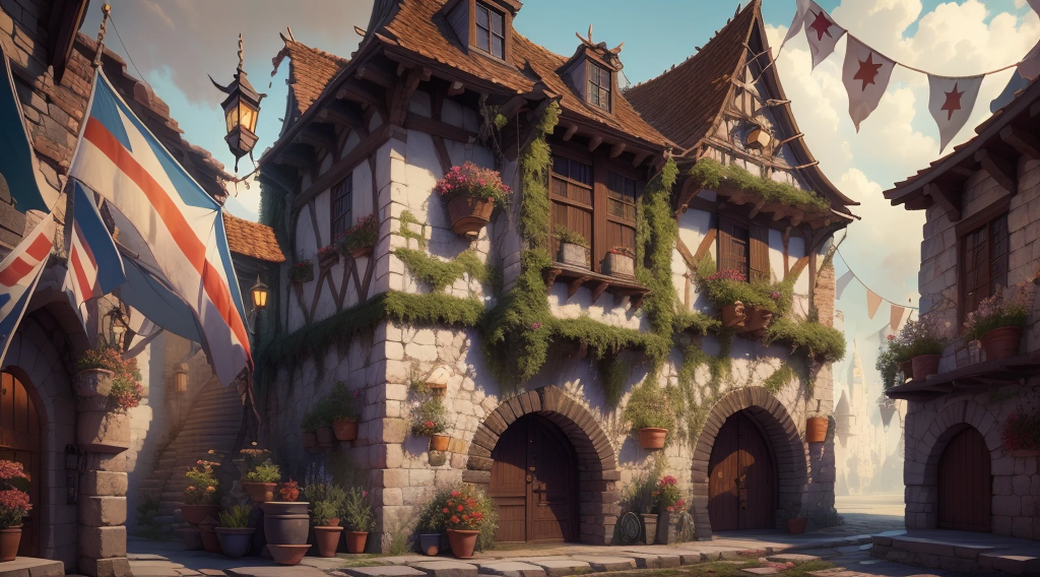 крупный план улицы со зданием и кучей флагов, шумный волшебный город,  Средневековый фантастический город, обстановка города фантазий, Вайтран в  стиле Pixar - SeaArt AI