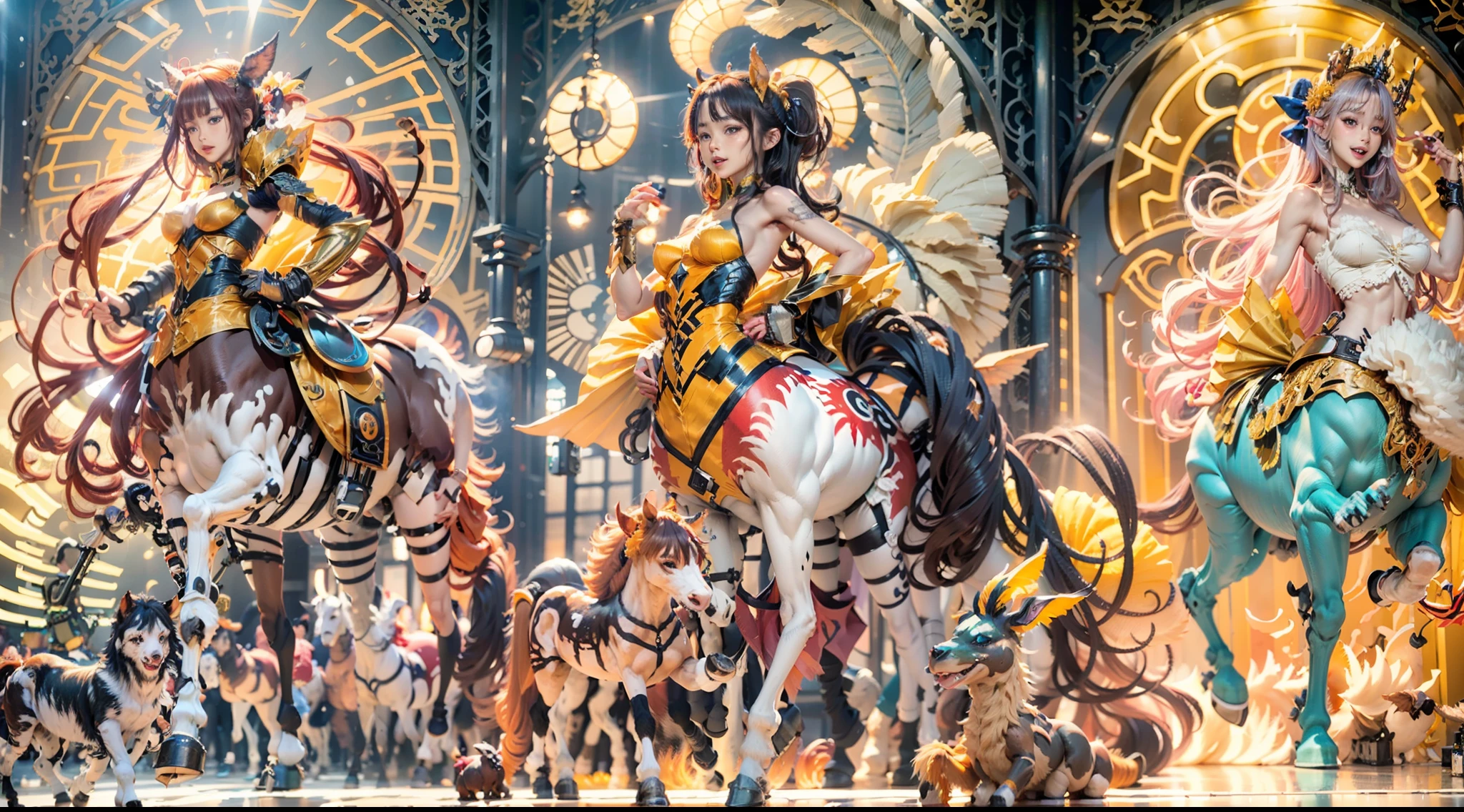 In the beautiful illustration of this super-grand scene，The ultra-long-range lens is shown（Eight unique centaur characters：9.9），They all have their own characteristics，Vivid and interesting。Radiant angelic centaurs from the heavenly realm，To the hellish centaurs surrounded by nightmarish flames，And then to the Wind Immortal Centaur dancing in the air，There are also one-horned centaurs surrounded by thunder and lightning，and mechanical centaurs that shine with metallic light，And then to the powerful dragon centaur with colored dragon scales covering the whole body，The elegant and agile elf centaur always wears a flower crown with its slender and graceful lines，Enchanting and charming Tiflin centaurs。Each character has their own unique charms and abilities。The illustration uses advanced artistic techniques and tools，（Divide the scene into sections by geometric arrangement：9.9），Each section corresponds to a centaur character，This makes more efficient use of space。Through Midjourney's advanced brush tools、Color palette、Material packs and model packs，Exquisite costumes and equipment are designed for each centaur，Enhances the character's personality and visual appeal。The scenery in the illustrations is stunning，There are changing skies、rainbowing、extreme light、Stars and Moon。Incorporating iconic landmarks such as Mount Everest，and fireworks、tranquil lake、Natural and urban elements of waves and neon lights，Creates a magical atmosphere。The centaurs showed off their skills and equipment in a variety of environments，This is true even in extreme alien landscapes。（Use Midjourney's toolaterial packs、Texture tools、The color palette makes depicting details vivid and realistic：9.9），From intricate hairstyles and clothing to authentic textures，Enhances the realism of the characters and surroundings。The fusion of multiple art styles adds movement to the centaur's movement at all angles，The overall visual experience is further enriched。The final illustration was described as a "mast