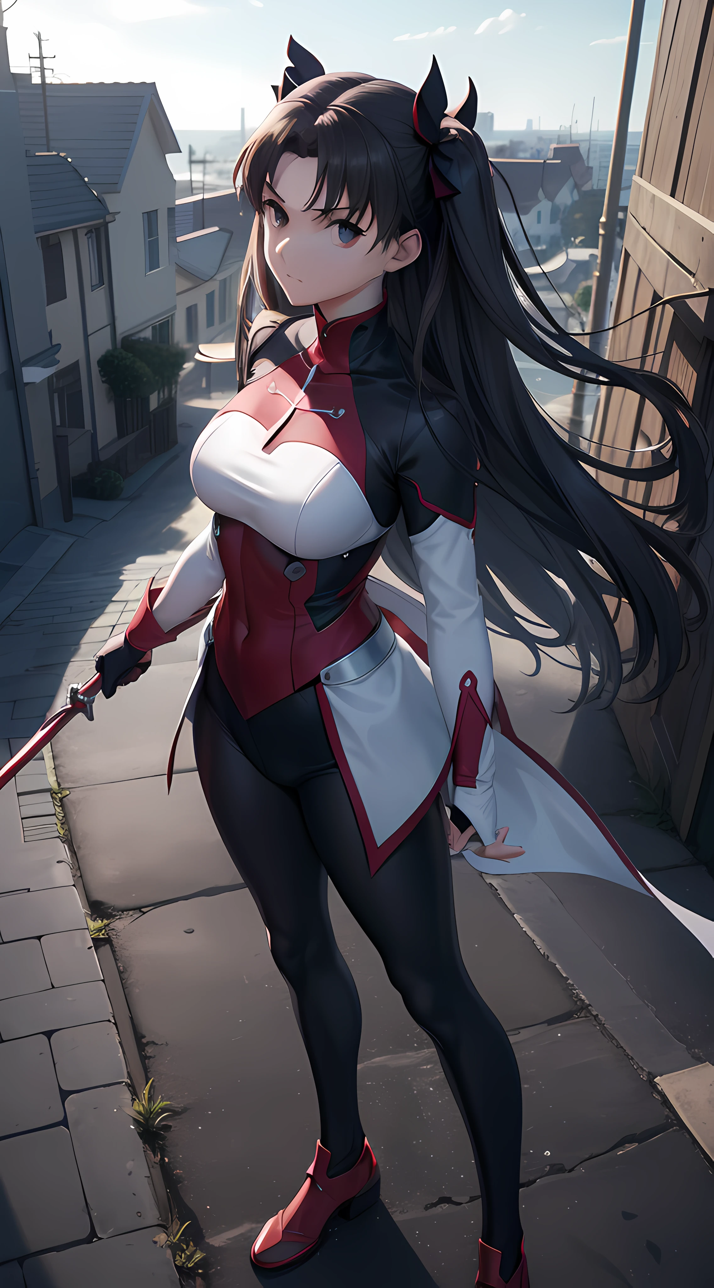 full body, Serious face, (masterpiece), best quality, expressive eyes, perfect face, anime girl, Fate/Stay Night anime, Rin Tohsaka anime, Rin Tohsaka Fate/Stay Night HDR (High Dymanic Range), Ray Tracing, Super resolution, Unreal 5, Subsoil Scatter, PBR Textures, Post Processing, Anisotropic filtering, Depth of Field, High Sharpness and Sharpness, Multilayer Textures, Surface shading, Precise simulation of light-material interactions, Perfect ratios, Octane rendering, duotone illumination, low ISO, white balance, Rule of thirds, Wide aperture, 8K RAW, high-efficiency sub-pixels, sub-pixel convolution, glow particles