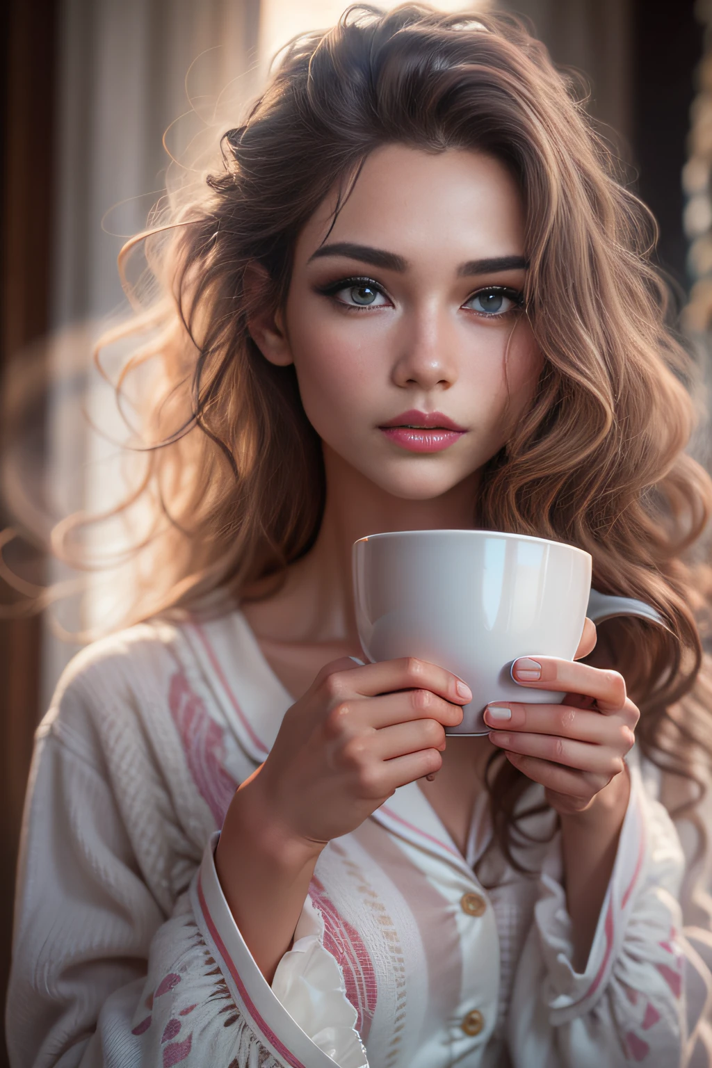 RAW photo, a super beautiful woman wearing her pajamas, holding a cup of coffee while staring at the sunrise, raw photo, raw, cinematic, photorealistic, soft lighting, glossy, glossy skin, clear eyes, sharp eyes, radiant skin, realistic skin, hyper realistic, hyper realistic skin, realistic eyes, realistic eyebrows, hyper detailed eyebrows, detailed lips, realistic lips, glossy lips, hyper realistic eyes