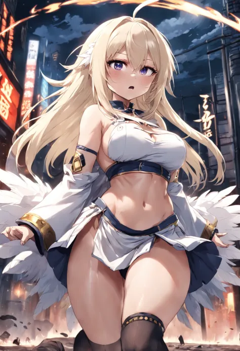 japanese anime style。illustratio。Dark Fantasy。White feathers。girl with。a blond。undergarment。natta。battle field。Colossal tits。pubick hair。teats。a miniskirt。A little angry。crouching down。Open crotch。