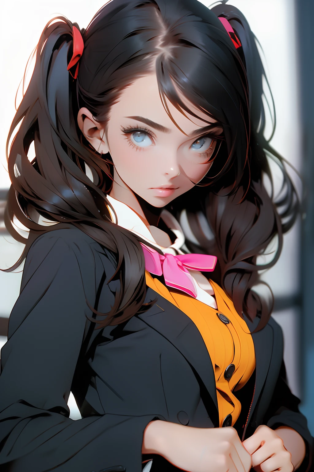 office uniform, office, twintail, black long hair, orange eyes, black formal jacket, 
(best quality, masterpiece, RAW photo,ultra-detailed:1.2), 1girl,solo,
