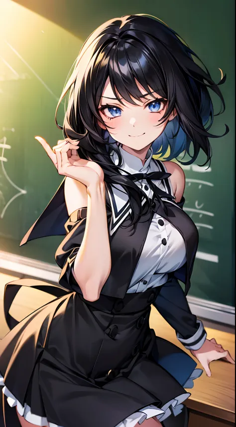 solo, (((anime girl with shoulder-length black hair))), (dark blue eyes), ((slight smile)), ((winking)), school uniform, skirt, ...