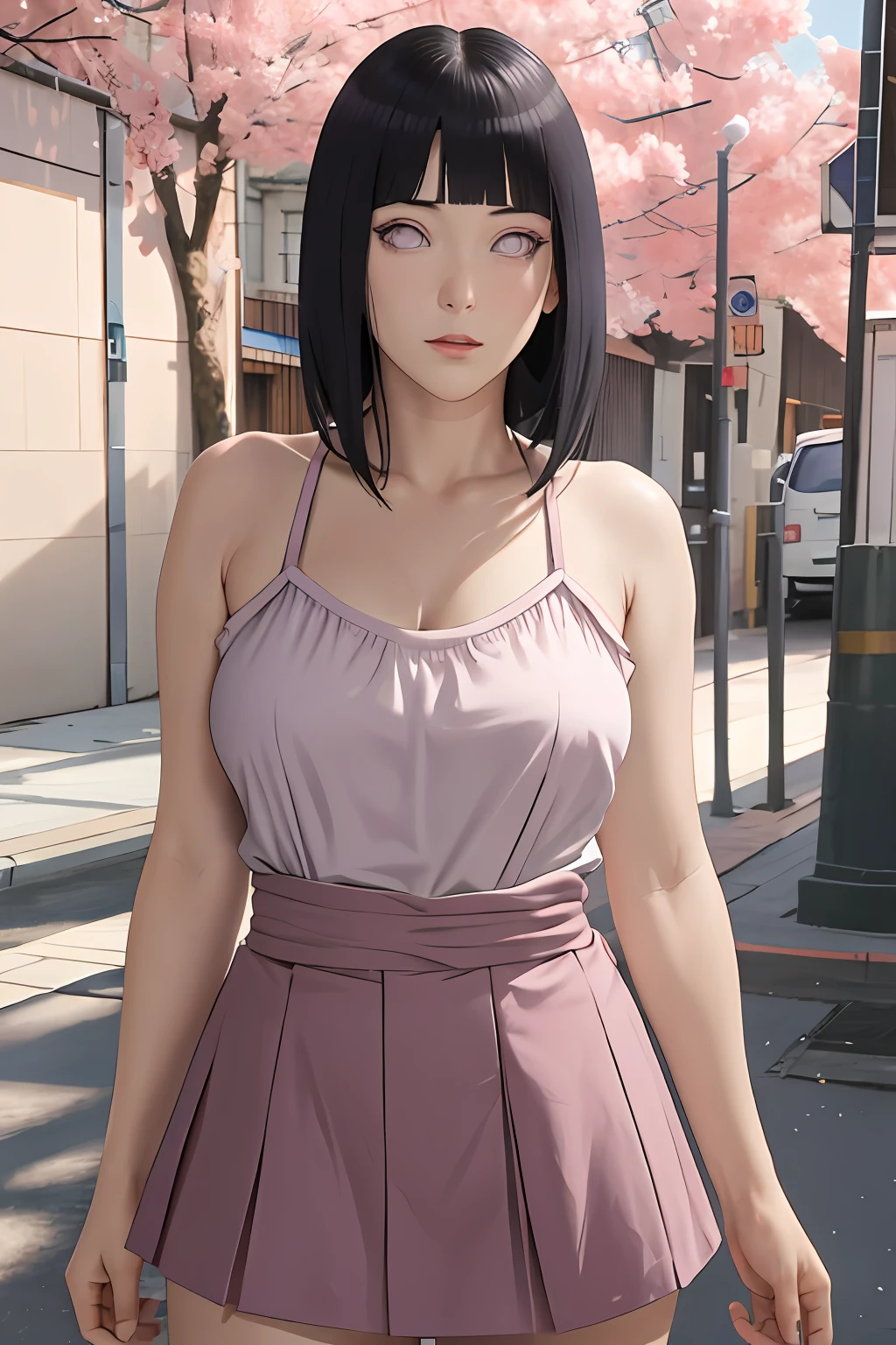 masterpiece, absurdres, hinata\(boruto\), 1girl, solo,mature female, spaghetti strap top, high waist short skirt, looking at viewer, (falling petals), perfect composition, detailed lips, big breast, beautiful face, body propotion, blush, (pink lips), long hair,  purple eyes,  soft gaze,  super realistic, detailed, photoshoot, realistic face and body,