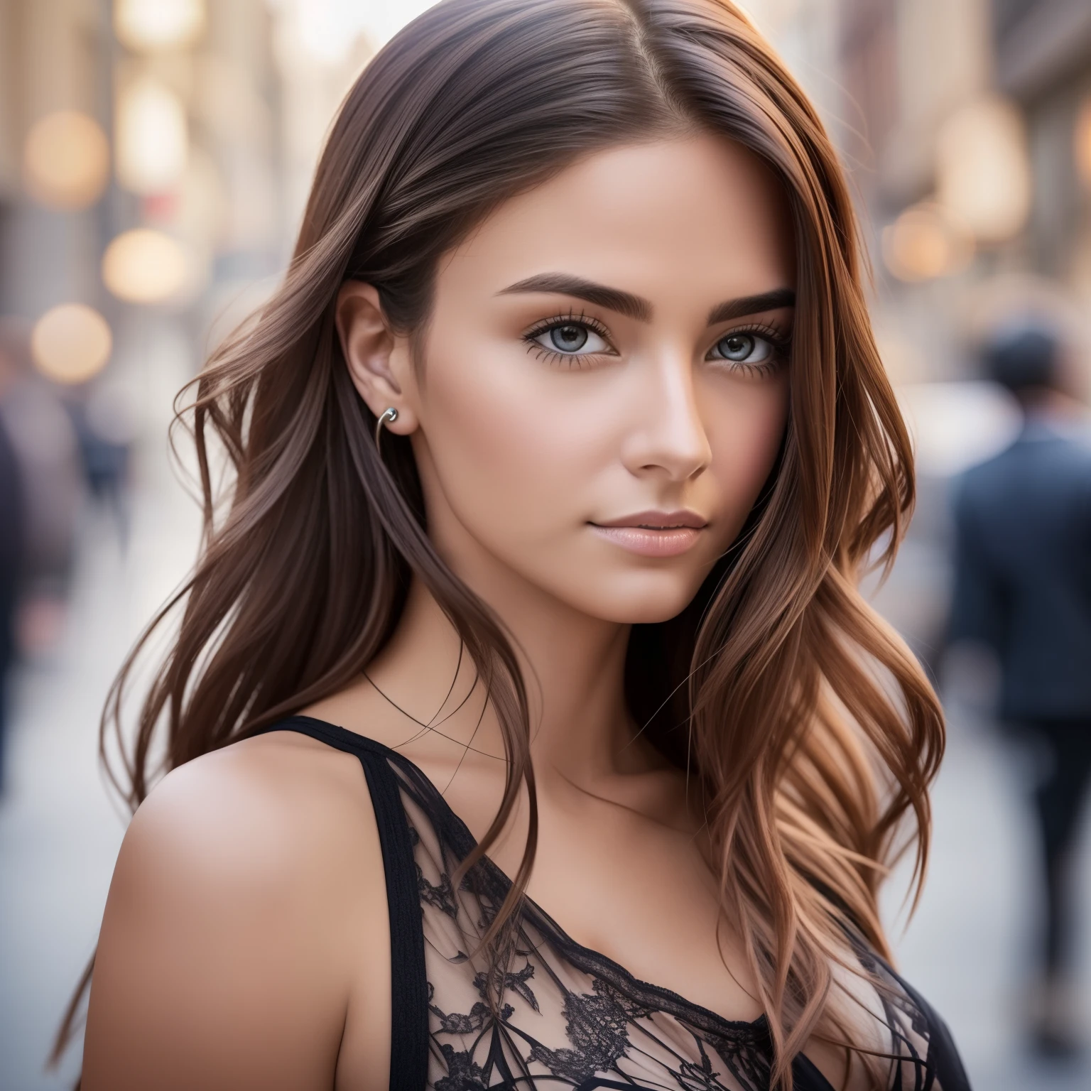 Closeup shot, Woman standing, body and head straight in photo, medium breasts, facing the viewer of the photo in new york city, eyes staring at the lens, appears shoulders and head in the photo, ultra realistic photo with great details, portrait of woman standing on the street, perfect lighting, DSRL, 4k, rich in detail in face, eyes, mouth,  nose and hair.