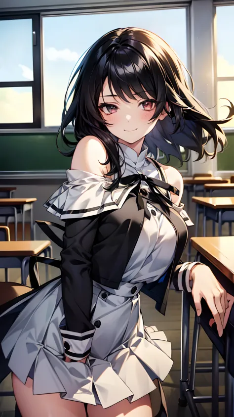 solo, (((anime girl with shoulder-length black hair))), (silver eyes), ((slight smile)), ((one eye winking)), school uniform, skirt, ((classroom in background)), ((high quality)), (extremely detailed)