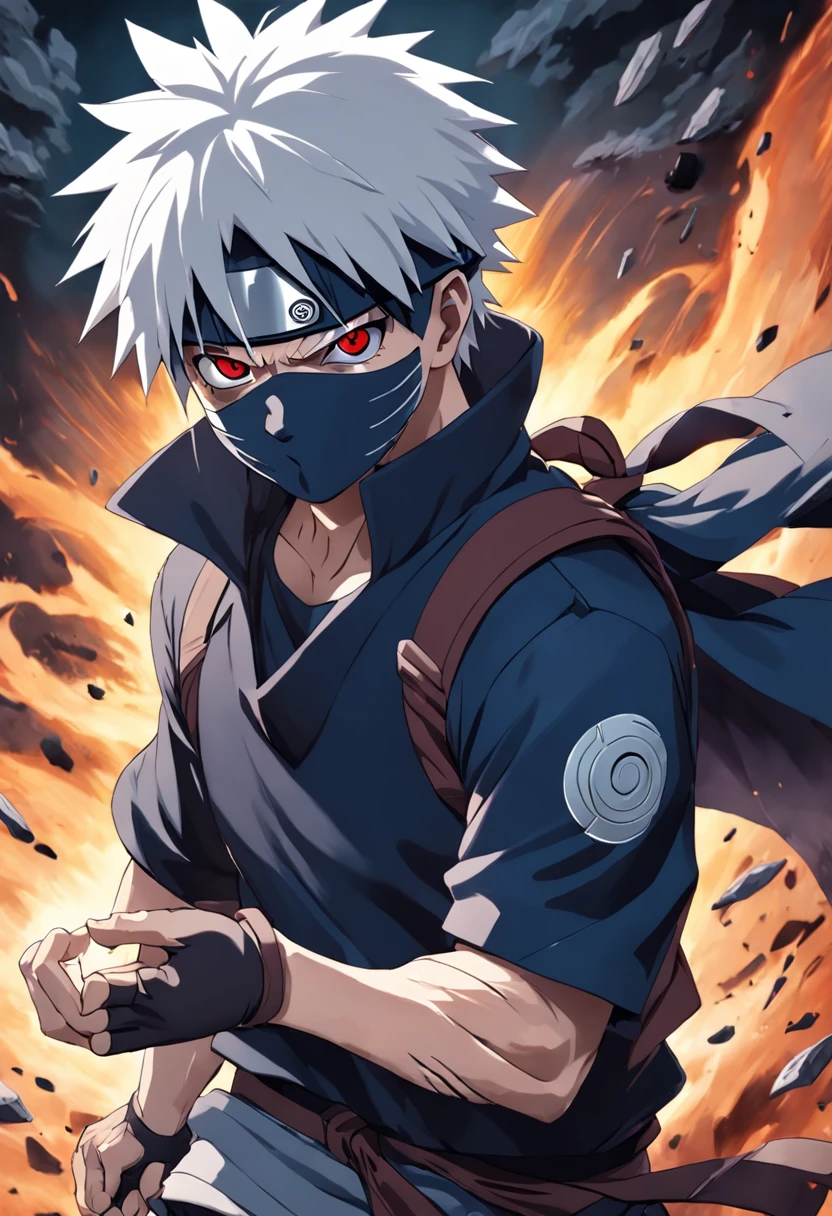 A man with white hair and a black mask holding a knife - SeaArt AI