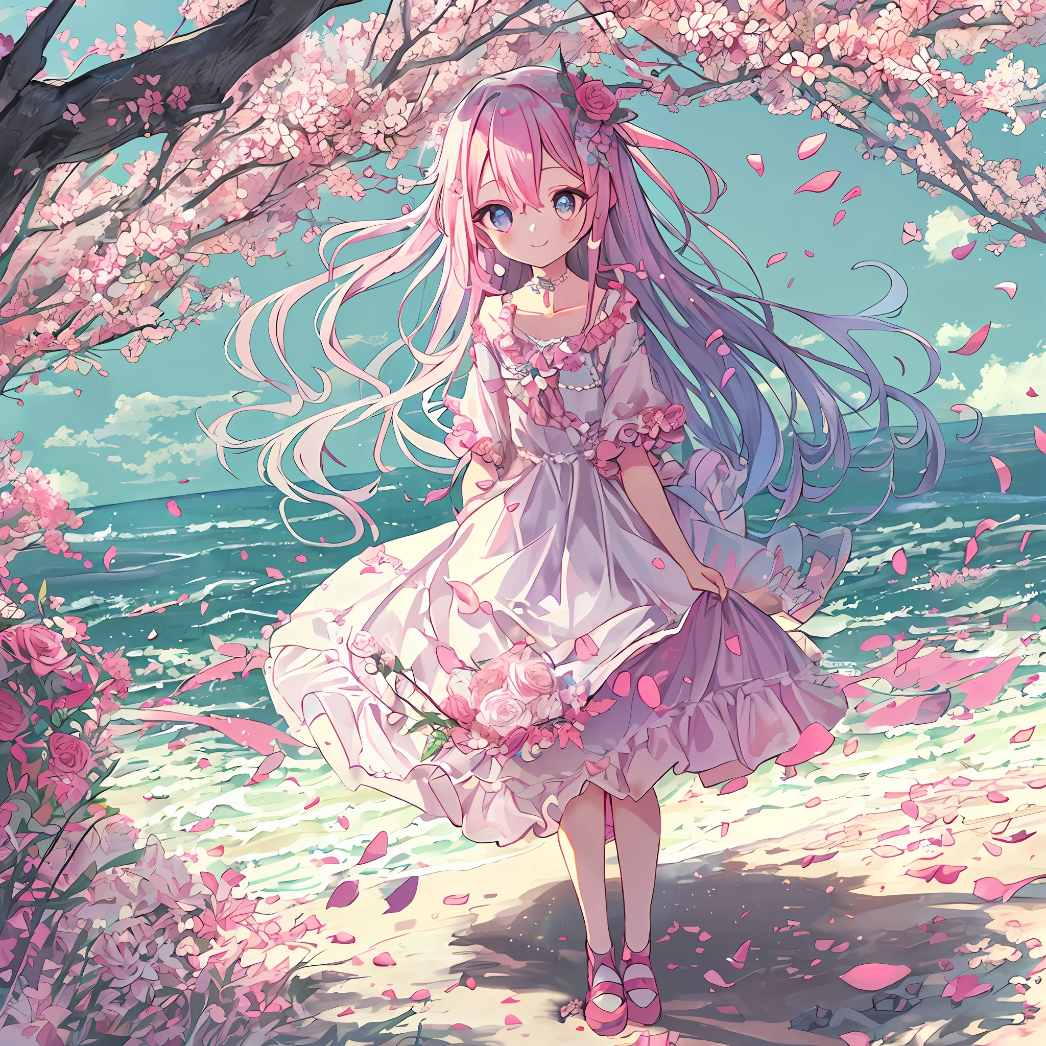 absurderes, hight resolution, (Anime style:1.1), ((masutepiece)), ((Best Quality)), (Ultra-detailed), (Beautiful), 独奏, Beautiful face、(liftup),12year old、Girl in a cute dress、Pink colorful hair, Colorful eyes,Looking at Viewer,Lens Flare,Dramatic, Coastal、(Lifted skirt:1.3)、They smile and hand me a bouquet of flowers、Presentation of a bouquet of flowers、full body Esbian