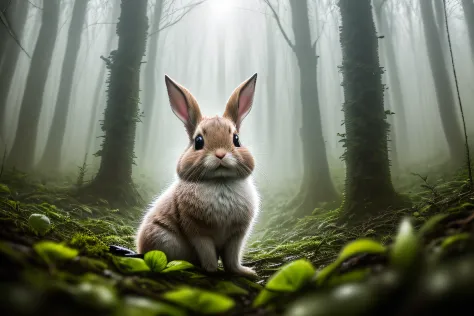 （Rained），Rained，Close up photo of a cute rabbit in the forest，deep in the night，In the forest，Contre-Jour，volume fog，Halo，blooms，Dramatic atmosphere，at centre，the rule of thirds，200 mm 1.4F macro shooting