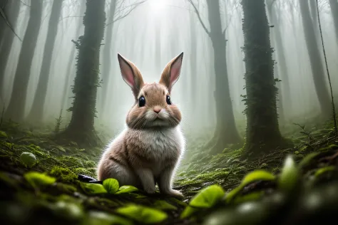 （rained），rained，close up photo of a cute rabbit in the forest，deep in the night，in the forest，contre-jour，volume fog，halo，blooms...