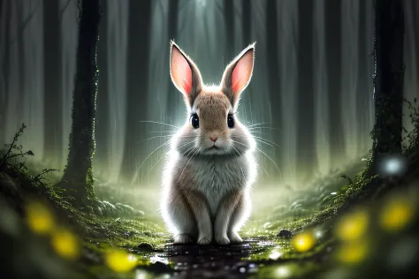 （Rained），Rained，Close up photo of a cute rabbit in the forest，deep in the night，In the forest，Contre-Jour，volume fog，Halo，blooms，Dramatic atmosphere，at centre，the rule of thirds，200 mm 1.4F macro shooting