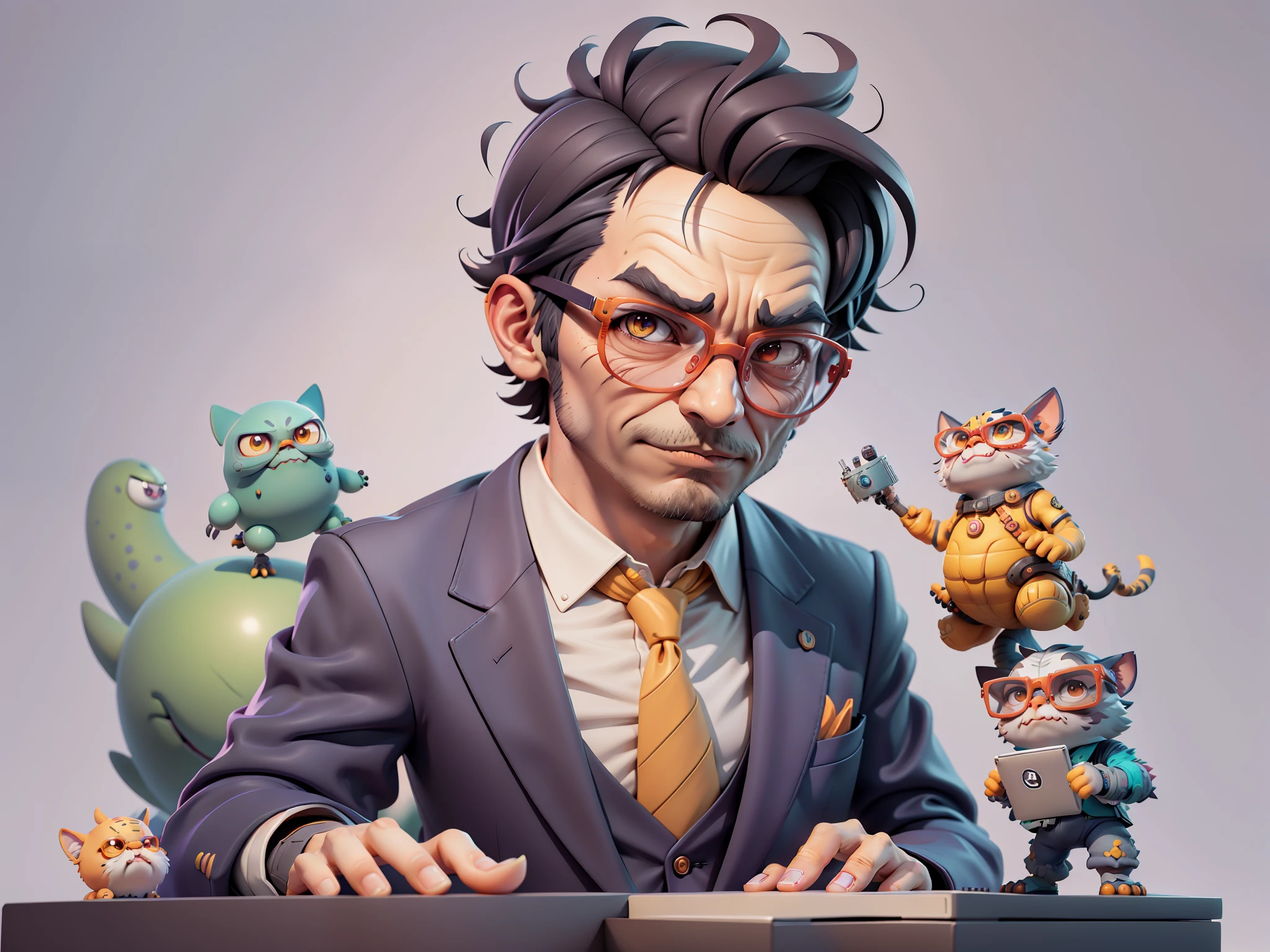 A young man in a suit, Short hair and glasses sat at his desk，holding laptop，digitial painting，tigre，3D character design by Mark Clairen and Pixar and Hayao Miyazaki and Akira Toriyama，4K HD illustration，Very detailed facial features and cartoon-style visuals。