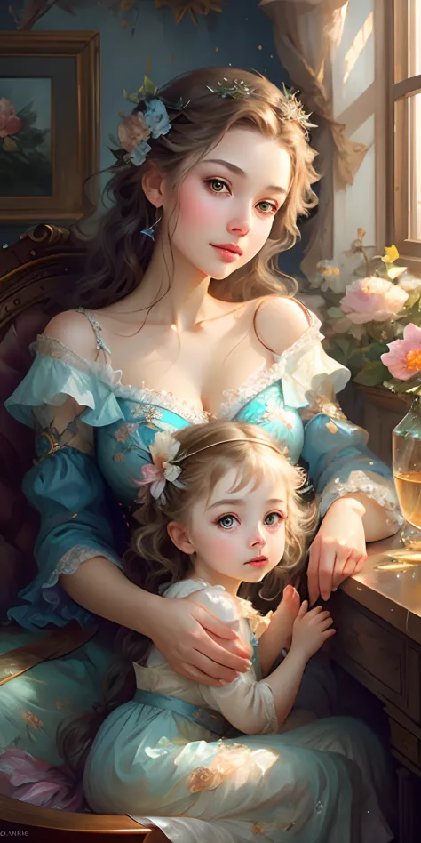 art by Vladimir Volegov,
Mother and daughter, ultra hd detailed painting beautiful faces and eyes, modern portrait, 
digital art...