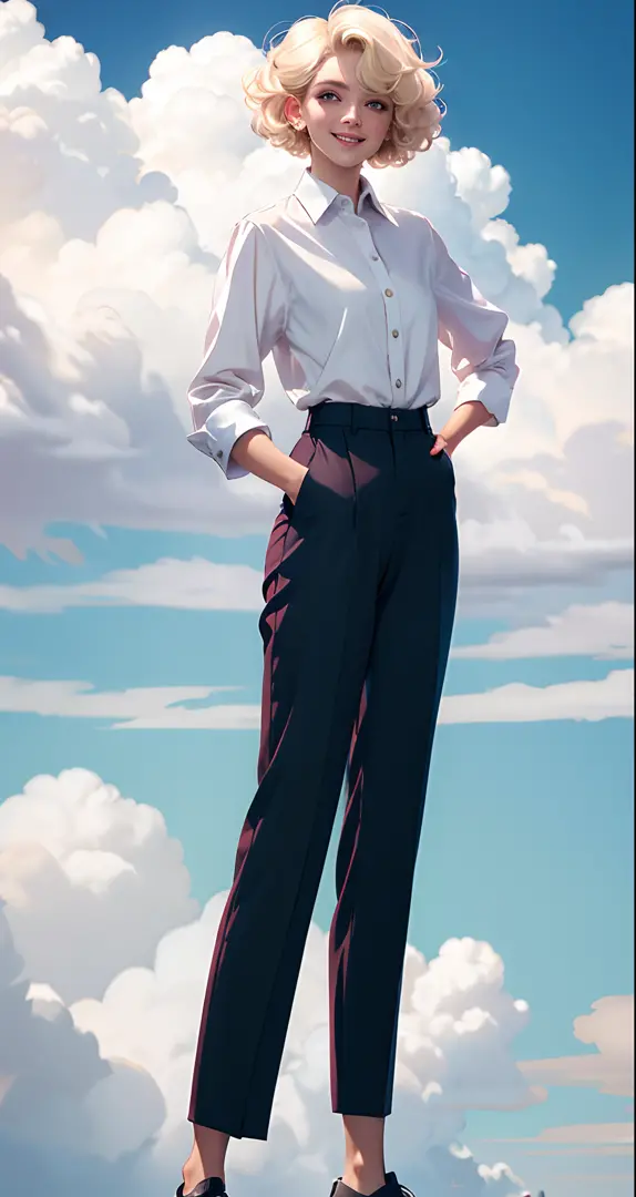 masterpiece, best quality, 1girl, short curly hair, platinum blonde hair, shirt, trousers, fluffy clouds, bright, vibrant, happy