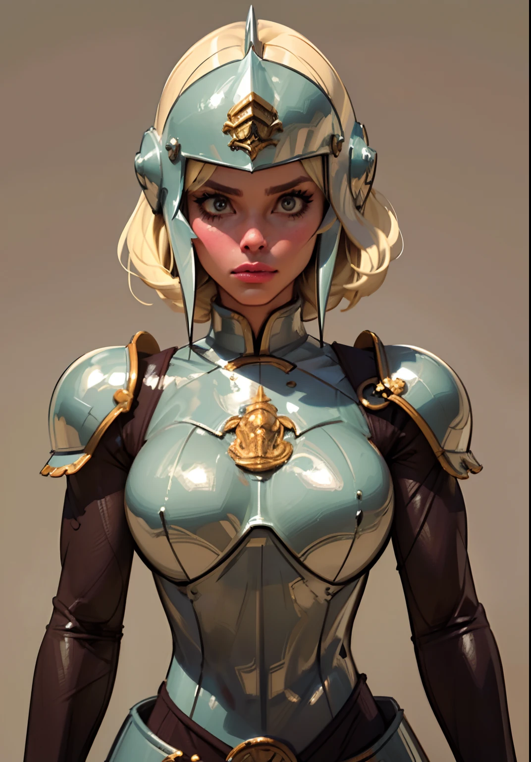 Full view, Gray clay style,(masterpiece, best quality), Grayscale,a woman in armor, full armor, face helmet,armor,extra arms,breastplate, dark brown skin tone, platinum blonde hair, hair under helmet, pixiecut, dainty, slim face helmet, dribbles and marks, rough sketches, perfect face, pretty face, lush detail,