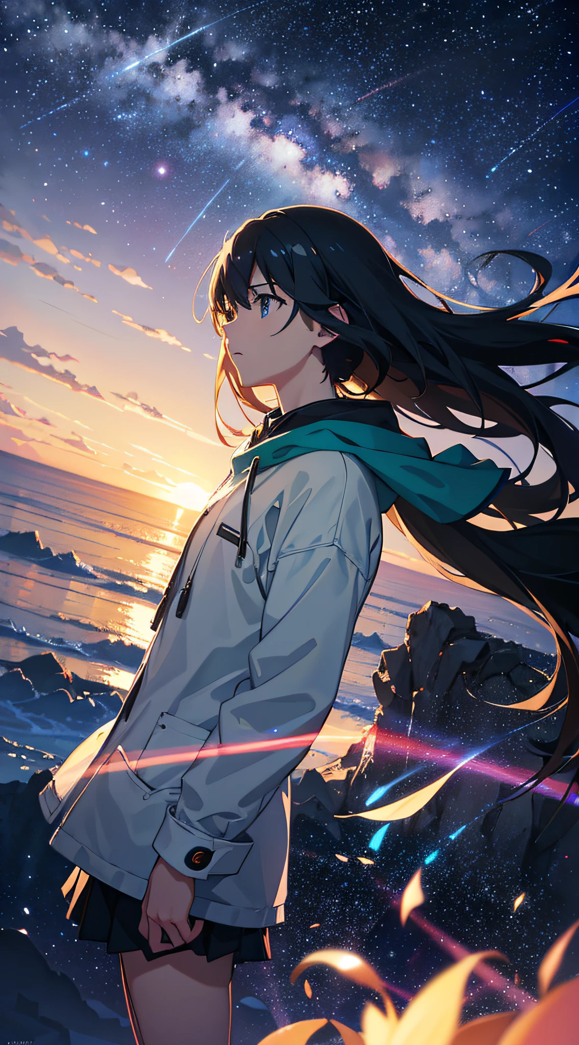 Anime girl standing on a beach with a sunset in the background - SeaArt AI