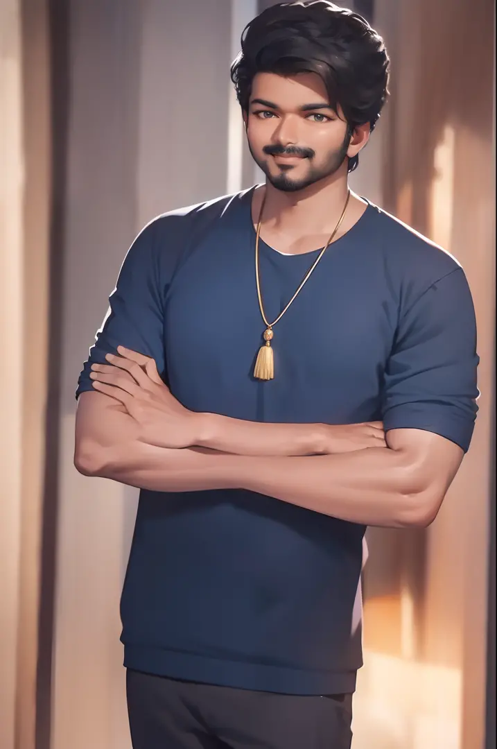 there is a man that is standing with his arms crossed, jayison devadas, jayison devadas style, exclusive, with a pouting smile, with a seductive smile, with lovely look, :3, stylish pose, johnatan wayshak, big smirk, with a subtle smile, with a cool pose, ...