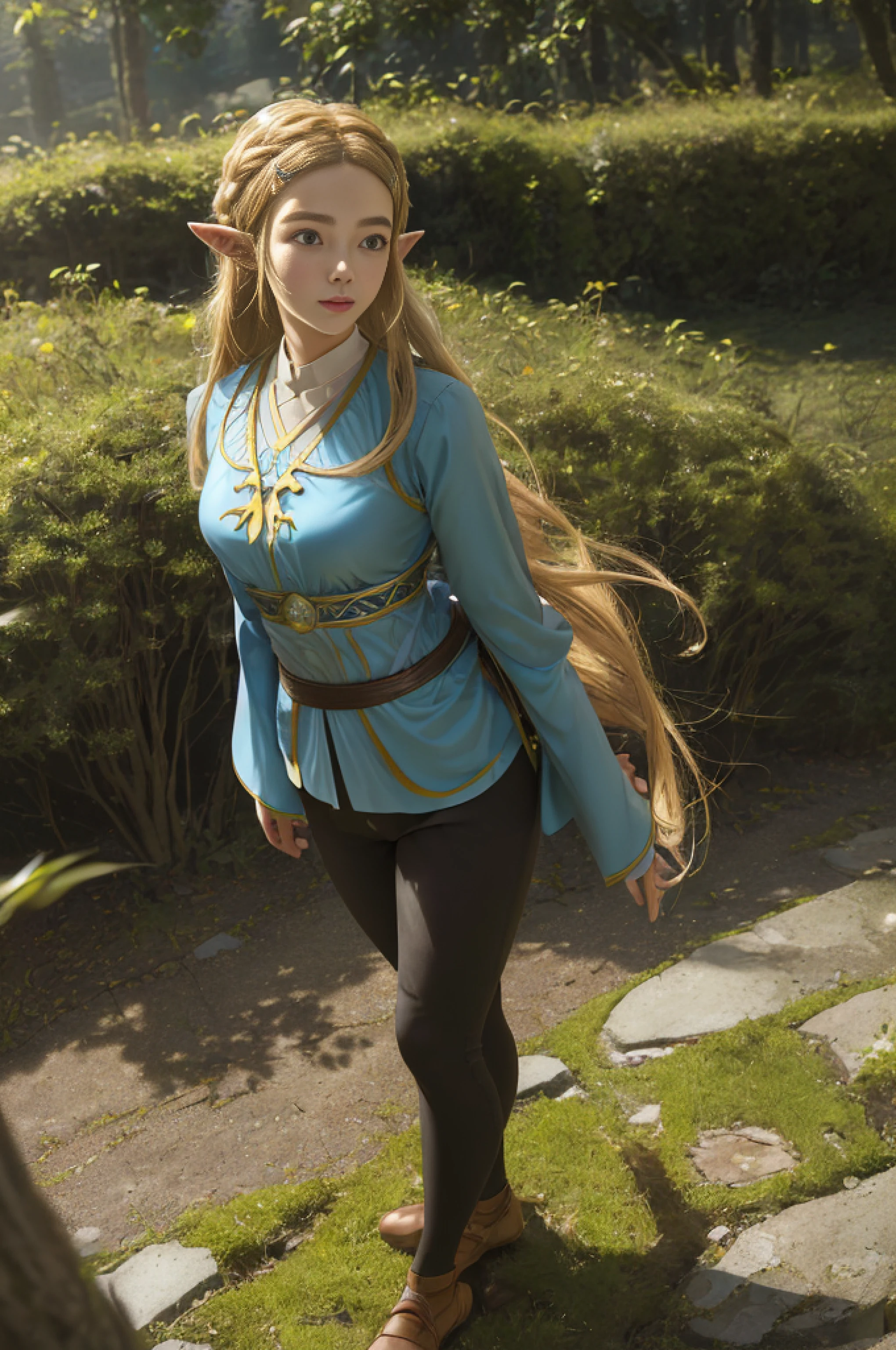 8k, raw camera, highres, detailed, masterpiece, portrait, photorealistic, hyperrealist, aesthetic, beautiful, best quality, highly detaile, best quality clothing, aesthetic clothings, professional angle, rule of thirds, Feminine, delicate, beautiful, 19 years, attractive Japanese, (solo), 1 girl, (Princess Zelda, Botw), (In Outdoors), ((Full Body)), ((From Front) Shallow Depth of Field), -, ((Normal)), (Semi Long Hair, Blonde Hair), (Loose Hair, Braid, - Hair), ((HairClips, Pointy Ears)), (- Eyes, Open Eyes, Cheerful Gaze), (-, Arms Down, Hands Down), ((Standing), Closed Mouth), -, -, (Average Bust), ((-, Black Pants)), (-, -), (Leather), beautiful body, beautiful eyes, shiny eyes, shiny hair, beautiful mouth, beautiful lips, beautiful skin, beautiful face