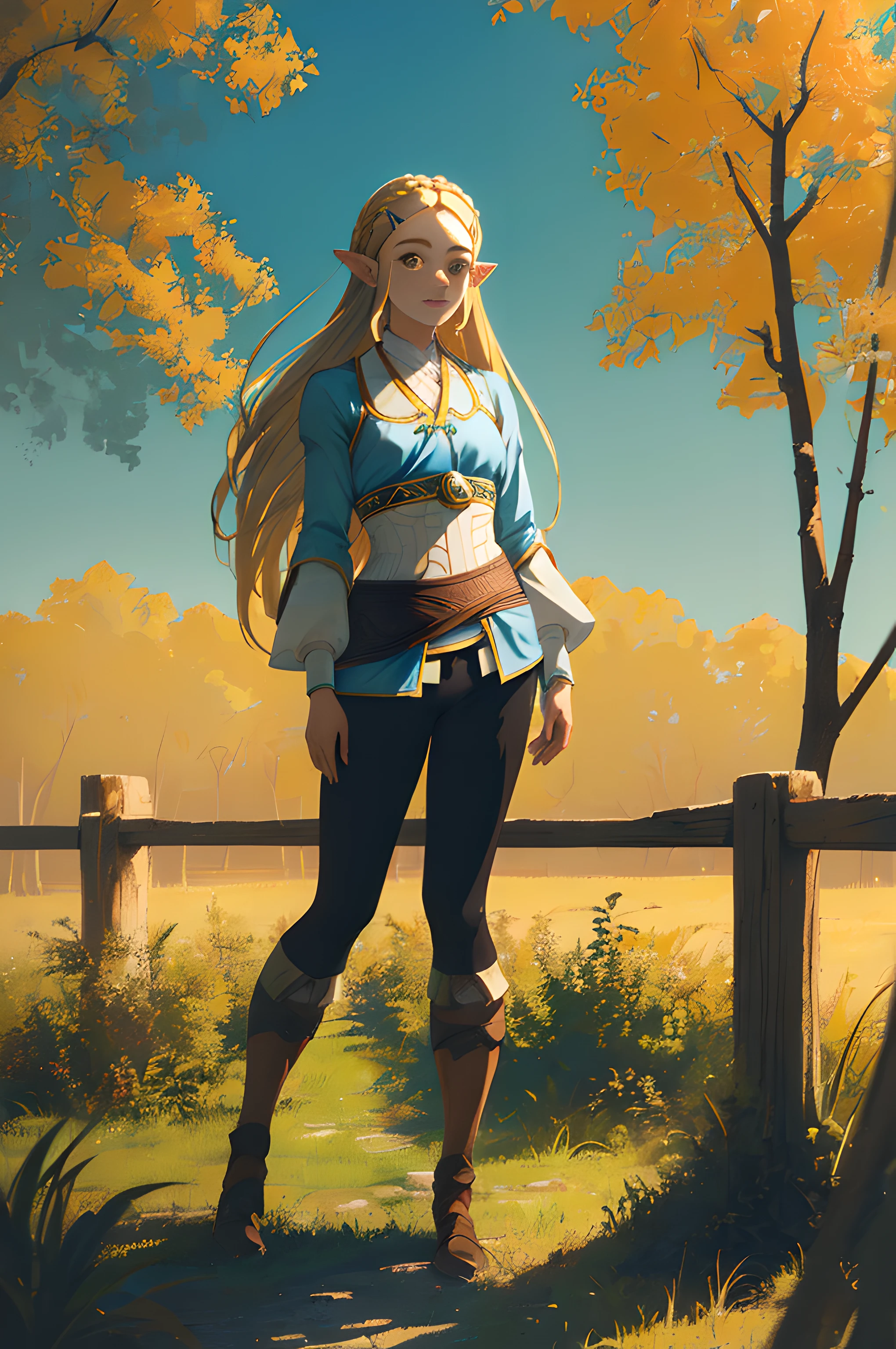 8k, raw camera, highres, detailed, masterpiece, portrait, photorealistic, hyperrealist, aesthetic, beautiful, best quality, highly detaile, best quality clothing, aesthetic clothings, professional angle, rule of thirds, Feminine, delicate, beautiful, 19 years, attractive Japanese, (solo), 1 girl, (Princess Zelda, Botw), (In Outdoors), ((Full Body)), ((From Front) Shallow Depth of Field), -, ((Normal)), (Semi Long Hair, Blonde Hair), (Loose Hair, Braid, - Hair), ((HairClips, Pointy Ears)), (- Eyes, Open Eyes, Cheerful Gaze), (-, Arms Down, Hands Down), ((Standing), Closed Mouth), -, -, (Average Bust), ((-, Black Pants)), (-, -), (Leather), beautiful body, beautiful eyes, shiny eyes, shiny hair, beautiful mouth, beautiful lips, beautiful skin, beautiful face