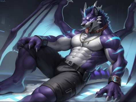 Solo, Male, (Muscular), sacrifices, (male anthro wolf):1.3, White flesh，nakeness，divinity，Numbered collar，High-quality experimental products，Kingly momentum，Evil God (Kamimei):1.3, (komono:1.4) (DOA):1.23, Detailed eyes, lizard tail,A pair of dragon horns,...