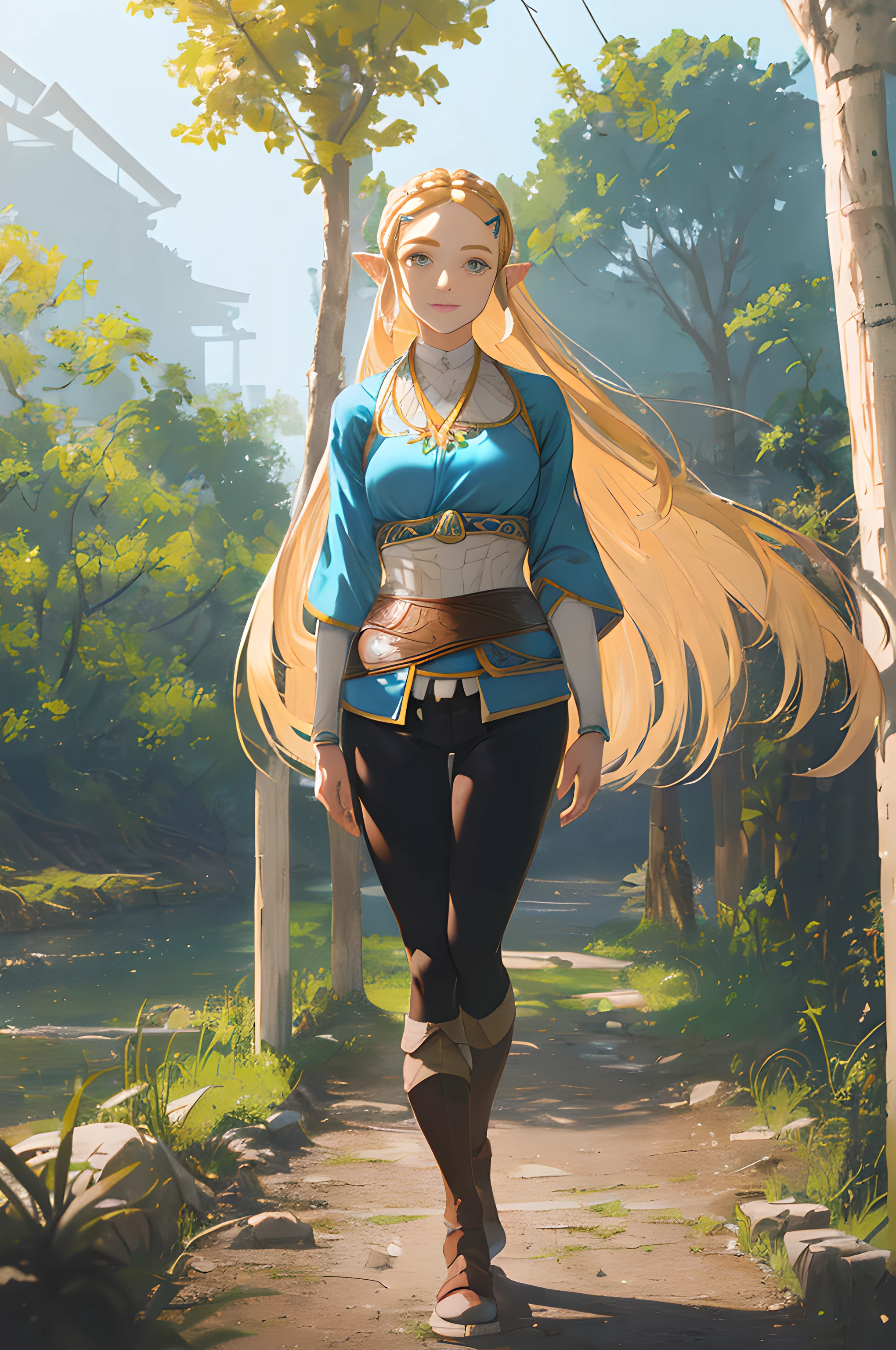 8k, raw camera, highres, detailed, masterpiece, portrait, photorealistic, hyperrealist, aesthetic, beautiful, best quality, highly detaile, best quality clothing, aesthetic clothings, professional angle, rule of thirds, Feminine, delicate, beautiful, 19 years, attractive Japanese, (solo), 1 girl, (Princess Zelda, Botw), (In Outdoors), ((Full Body)), ((From Front) Shallow Depth of Field), -, ((Normal)), (Semi Long Hair, Blonde Hair), (Loose Hair, Braid, - Hair), ((HairClips, Pointy Ears)), (- Eyes, Open Eyes, Cheerful Gaze), (-, Arms Down, Hands Down), ((Standing), Closed Mouth), -, -, (Average Bust), ((-, Black Pants)), (-, -), (Leather), beautiful body, beautiful eyes, shiny eyes, shiny hair, beautiful mouth, beautiful lips, beautiful skin, beautiful face