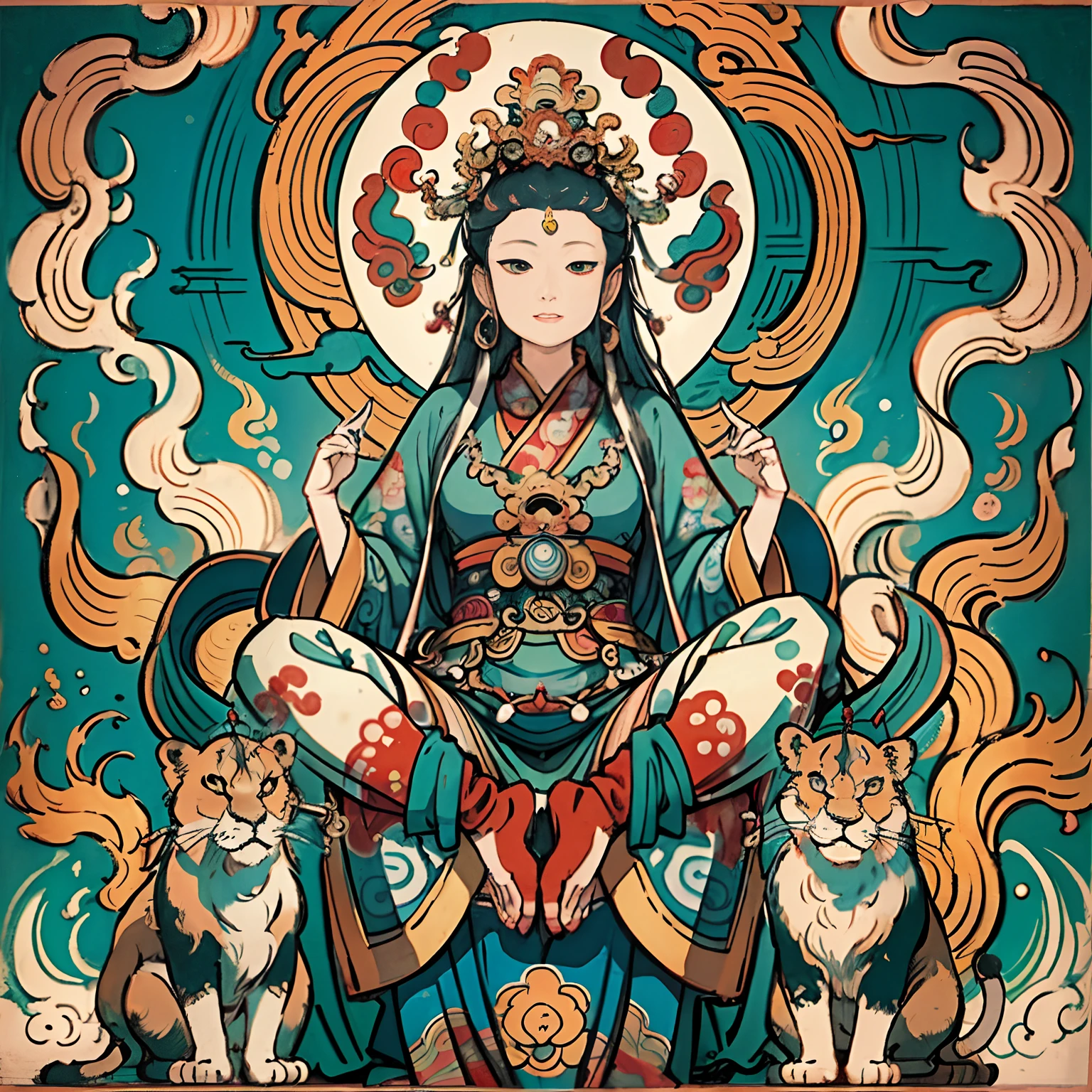 an ancient Chinese goddess, guanyin of the southern seas, Guanyin, Inspired by India, Avalokiteshvara rides a lion，,Serene expression,shui mo hua,Buddha,Buddhist,Lotus,Chinese painting style,Thangka style