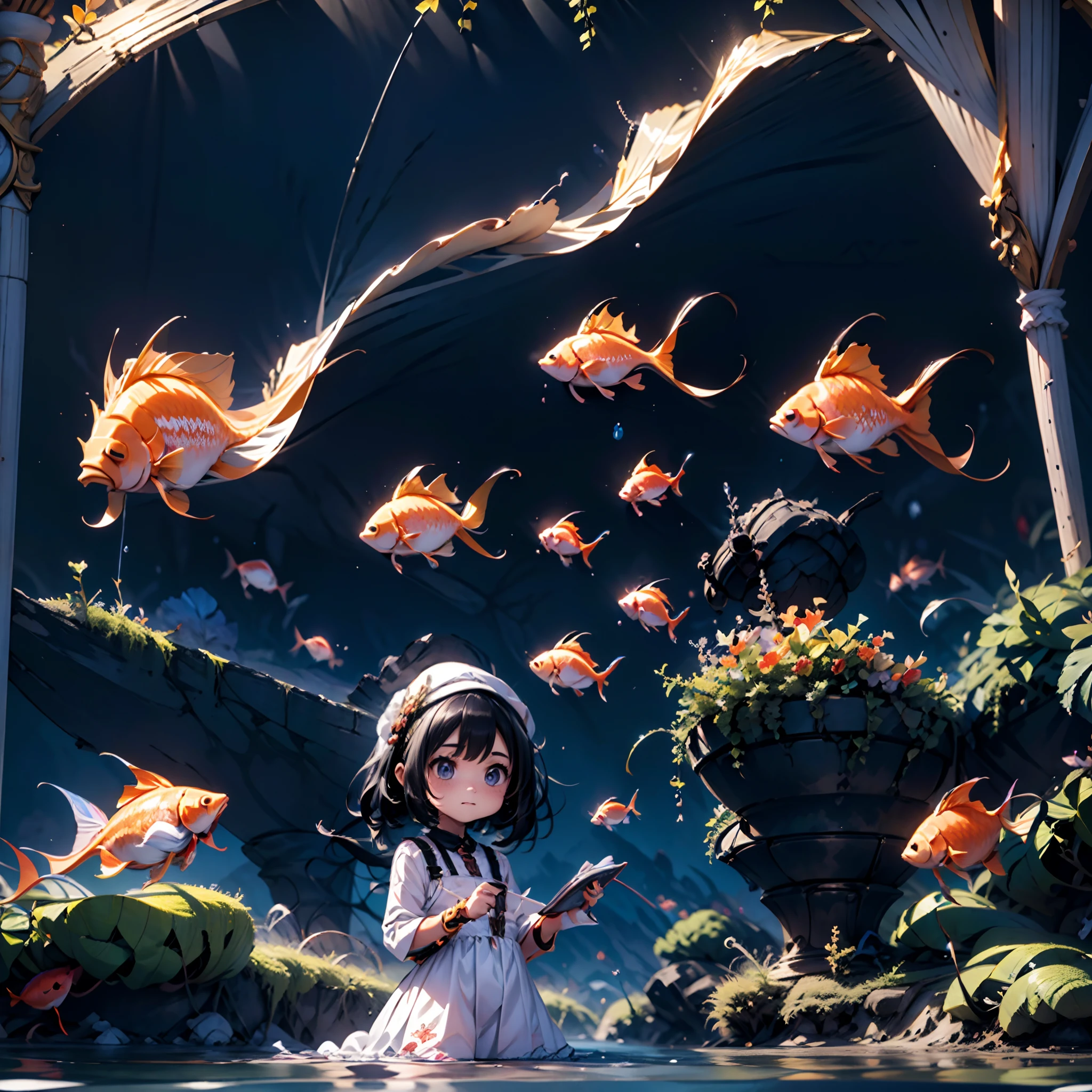 a 3D render，Q version character style，1 , black hair,wearing a white dress， lying in the bottom of the river, full body, surrounded with fancy carps