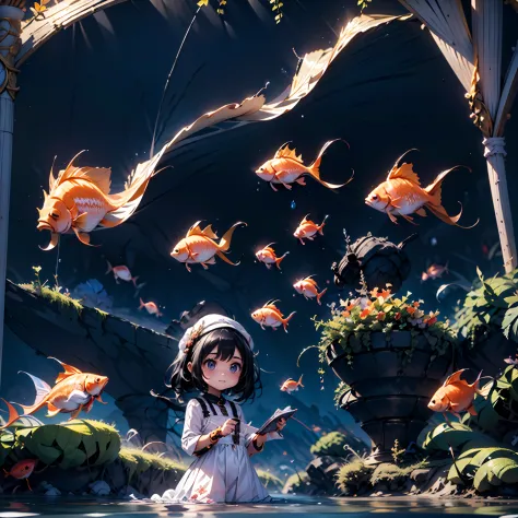 a 3D render，Q version character style，1 little girl, black hair,wearing a white dress， lying in the bottom of the river, full bo...