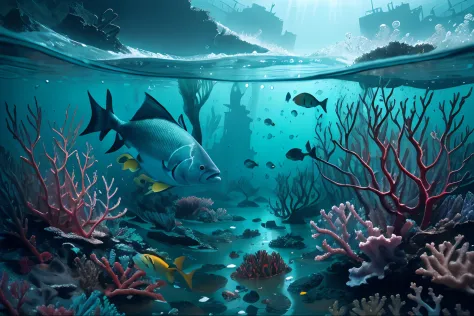 ocean floor，((the ocean:1.5)(Underwater world)），, nuclear radiation，Deformed fish，fishbone，Contaminated seabed,（Nuclear radiation contamination:1.2）(Best quality), (Masterpiece), (Photorealistic), (Realistic), Very detailed, Unity 8k wallpaper, Very detail...
